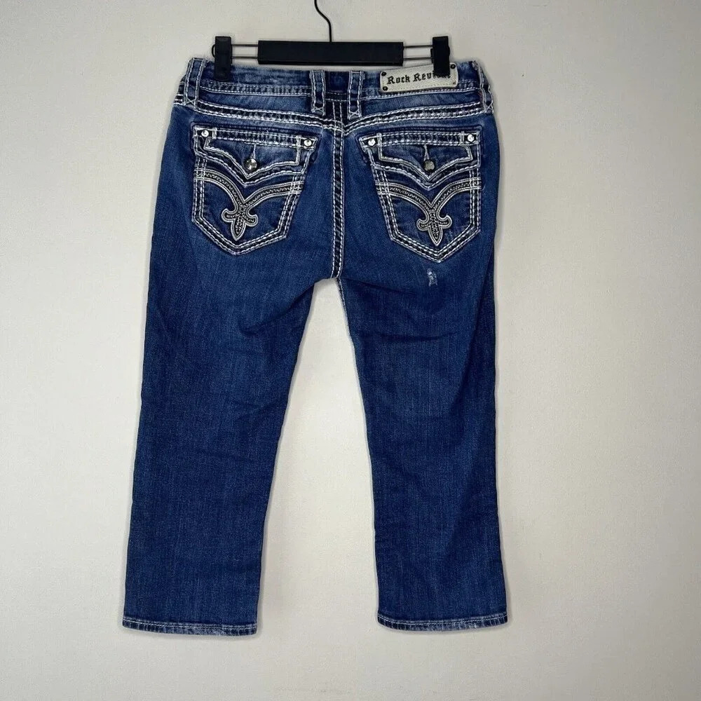 Rock Revival Clover Capri Jeans Size 28 Distressed Jewels - Picture 6 of 13